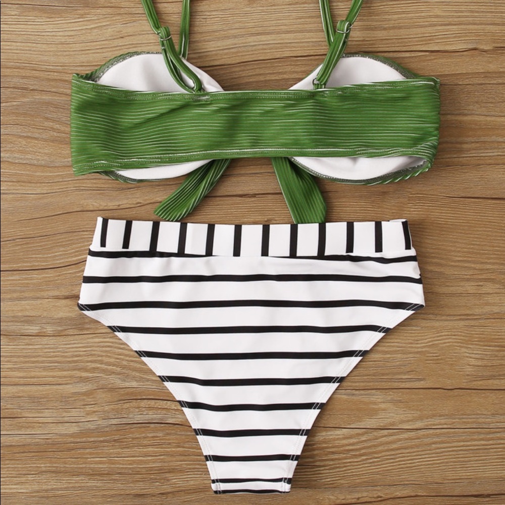 Knot Front Top With Striped High Waist Bikini Set - Picture 3 of 8